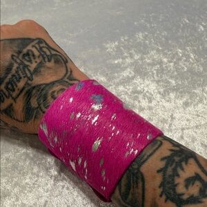 Vibrant HOT  Pink and Silver woman’s cowhide Cuff Bracelet